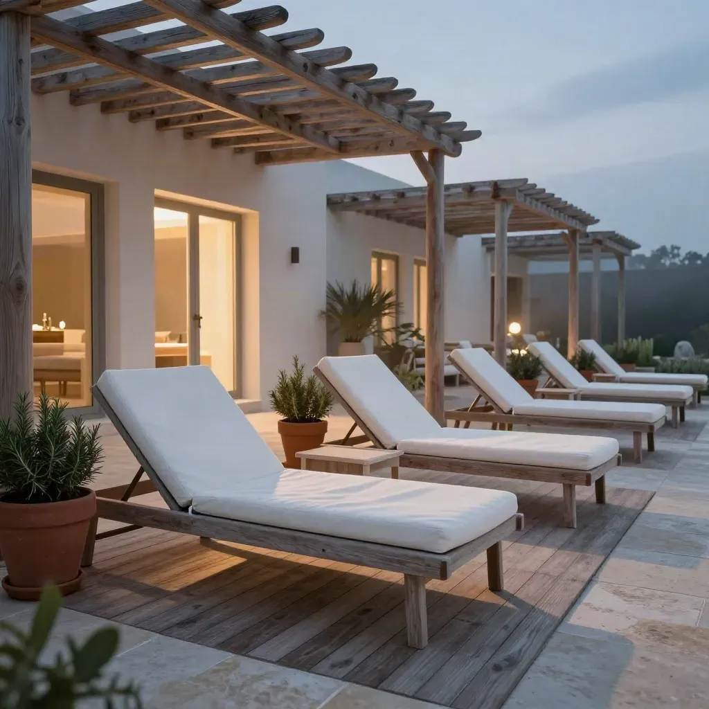 Terrazza di resort naturista al crepuscolo con lettini bianchi, pergolato e villa illuminata.