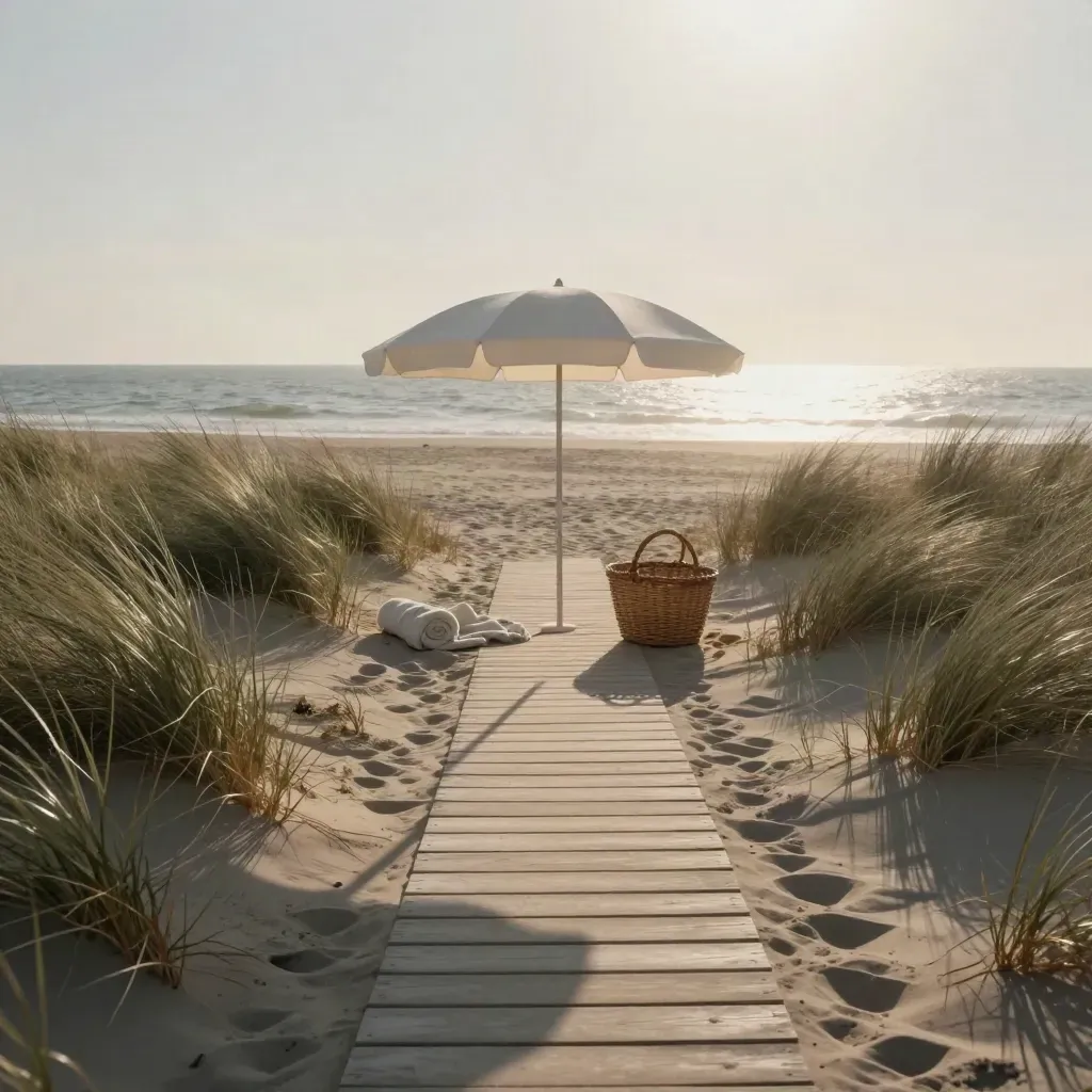 Corridorio di duna, parasole avorio, telo in lino e mare all’alba su spiaggia naturista