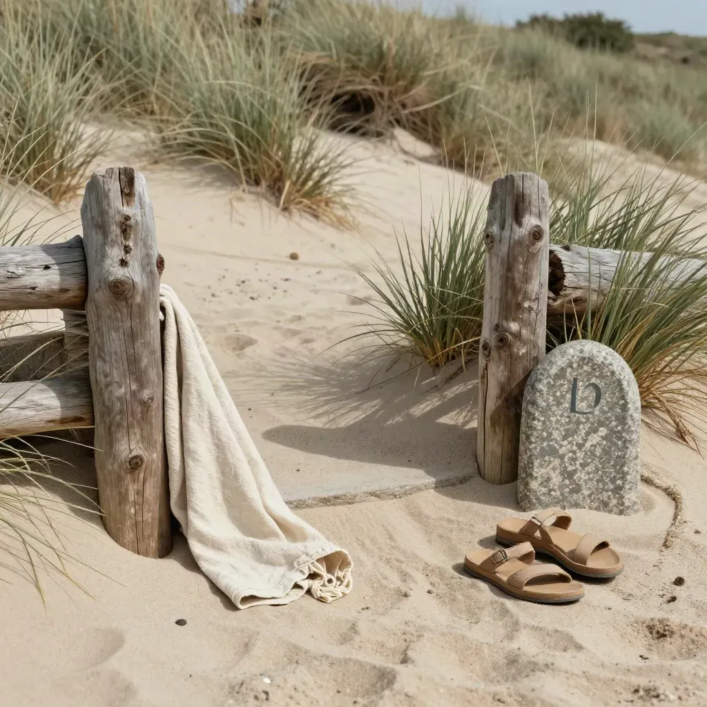 Ingresso di spiaggia ordinato con pali di legno, telo di lino e sandali sulla sabbia.