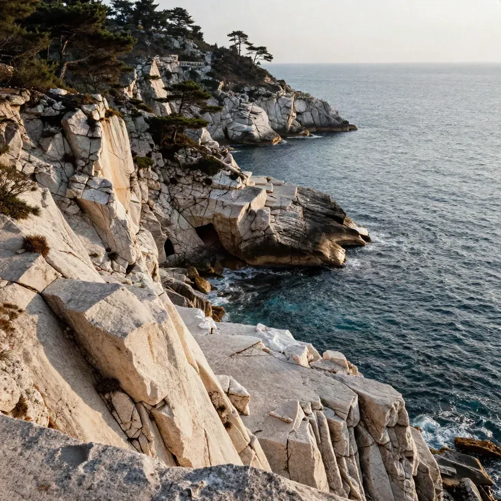 Veduta dall’alto di scogli calcarei, calette e strisce di mare, con pini e luce del mattino.