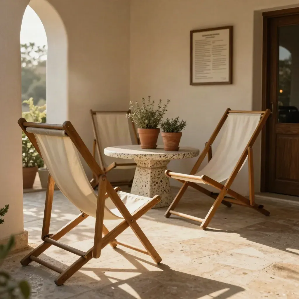 Veranda di club con sedie pieghevoli, tavolo in pietra e vasi di terracotta.