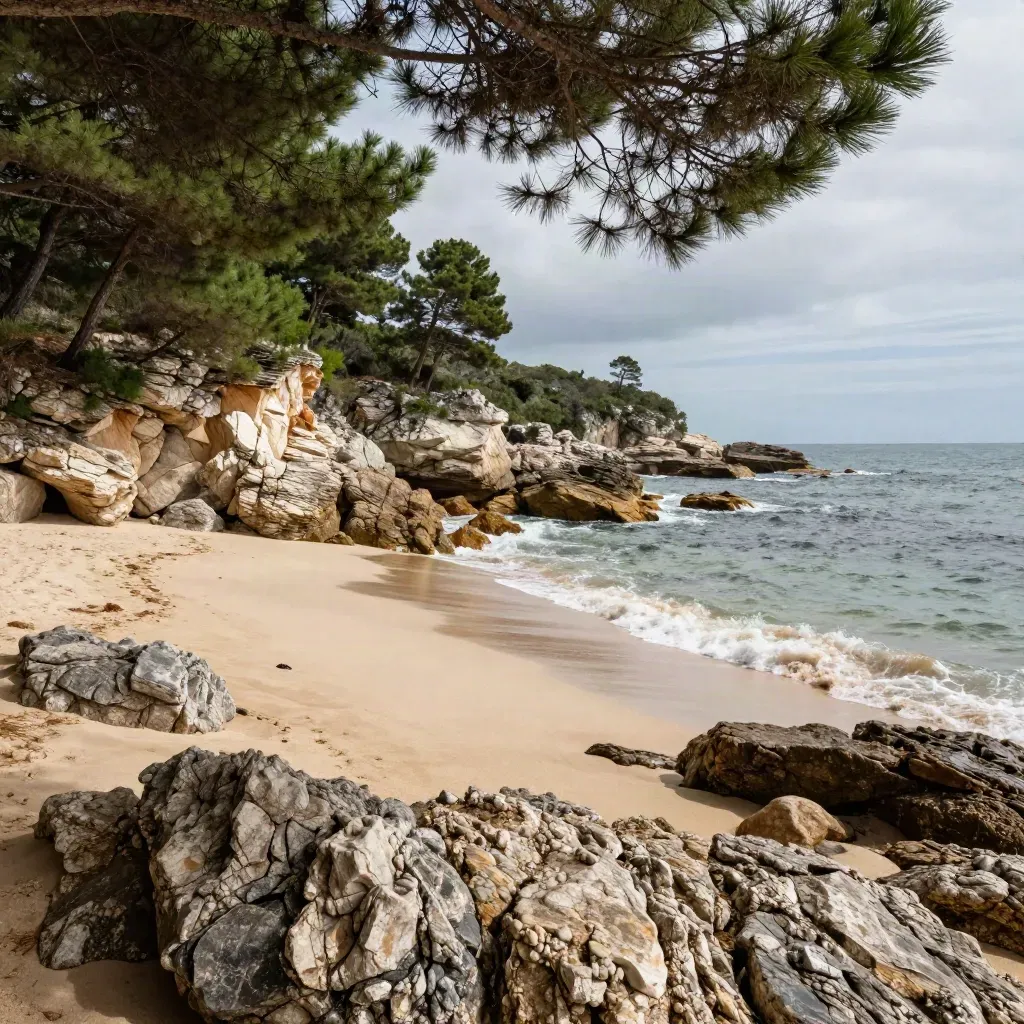 Baia toscana con sabbia chiara, scogli consumati e pini scuri al tramonto