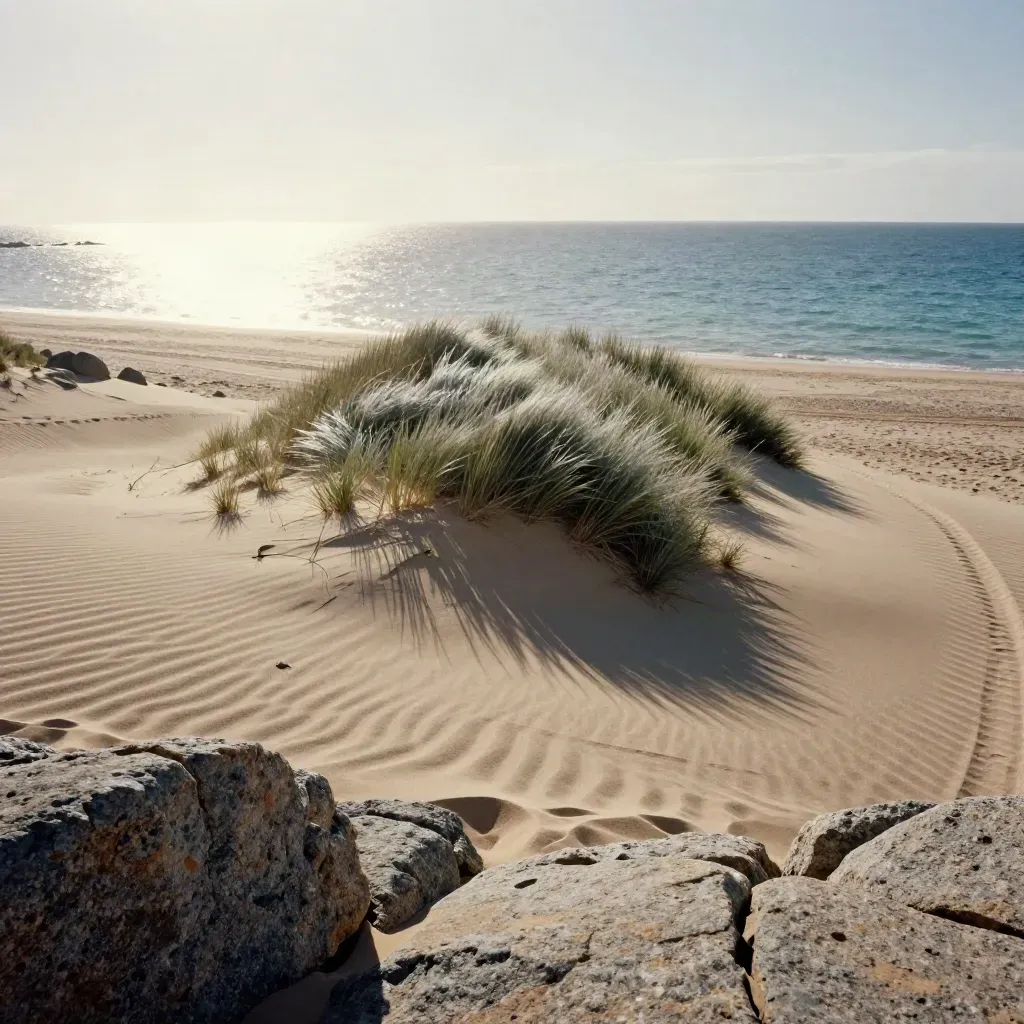 Duna ventosa in Sardegna con sentiero chiaro, acqua limpida e rocce granitiche in riva.