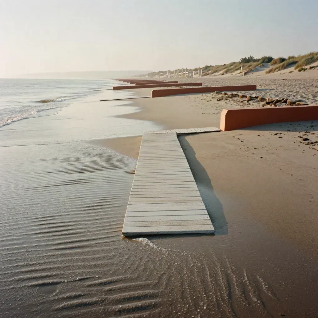 Spiaggia adriatica all’alba con passerella, frangivento terracotta e ombrelloni chiari.