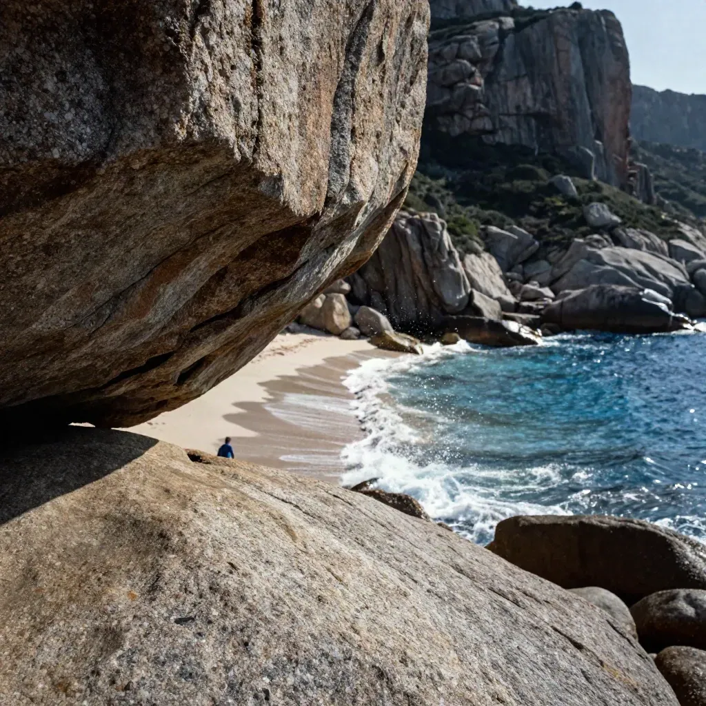 Cala sarda con masso granitico, sabbia chiara e mare blu in luce radente.
