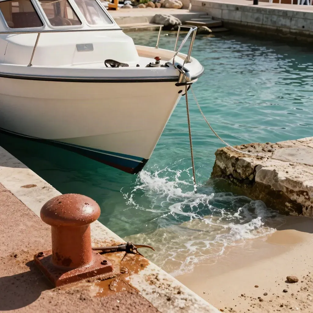 Barca bianca che si appoggia agli scalini di pietra, acqua turchese e caletta riparata.