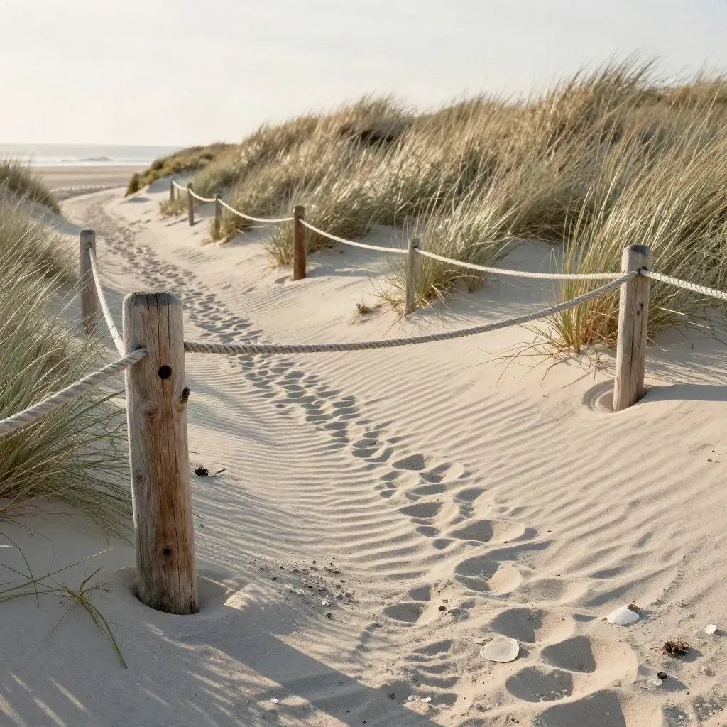 Accesso alla spiaggia con corda bassa e sentiero di sabbia tra le dune, luce calda.