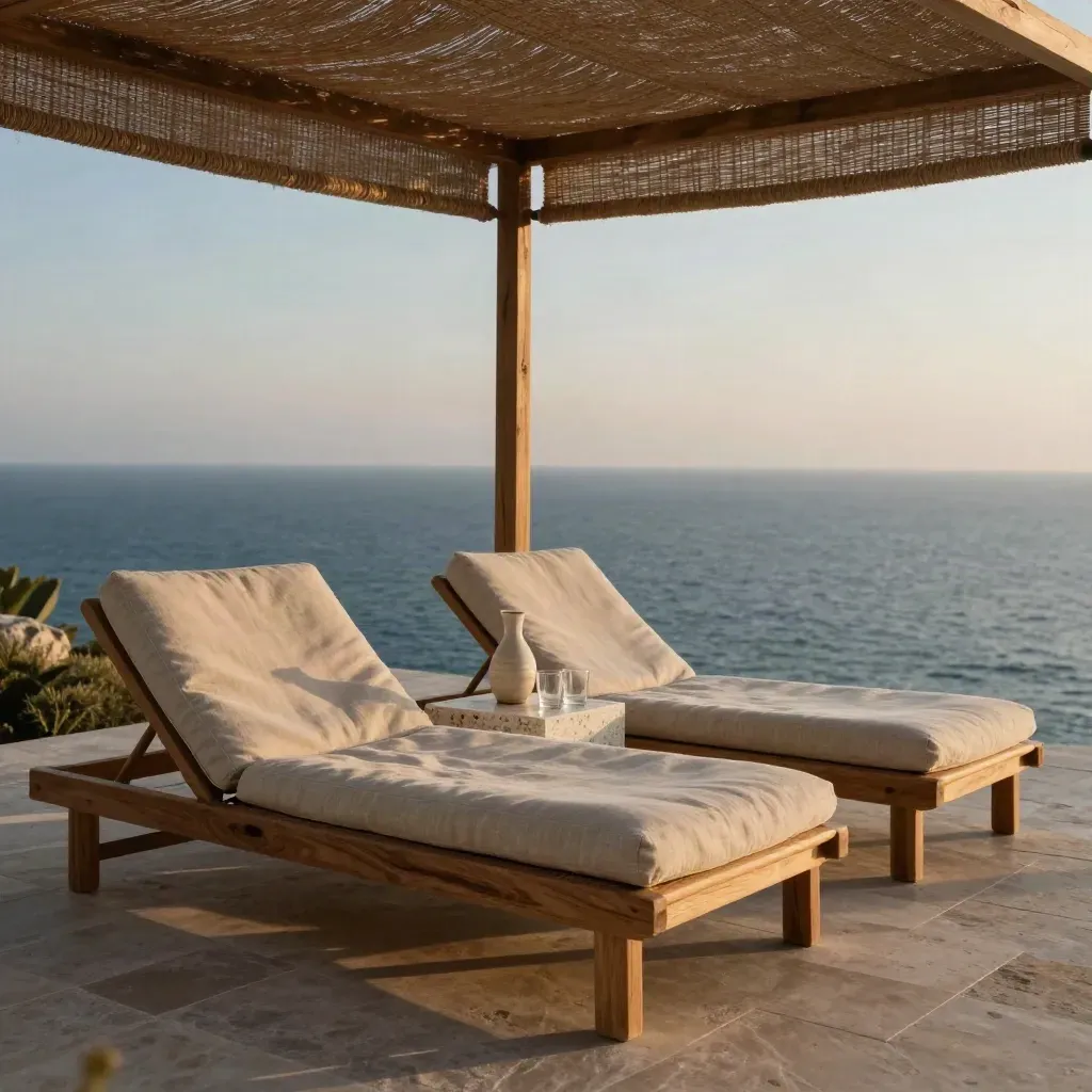 Due lettini in lino all’ombra con tavolino in travertino e mare blu al tramonto.