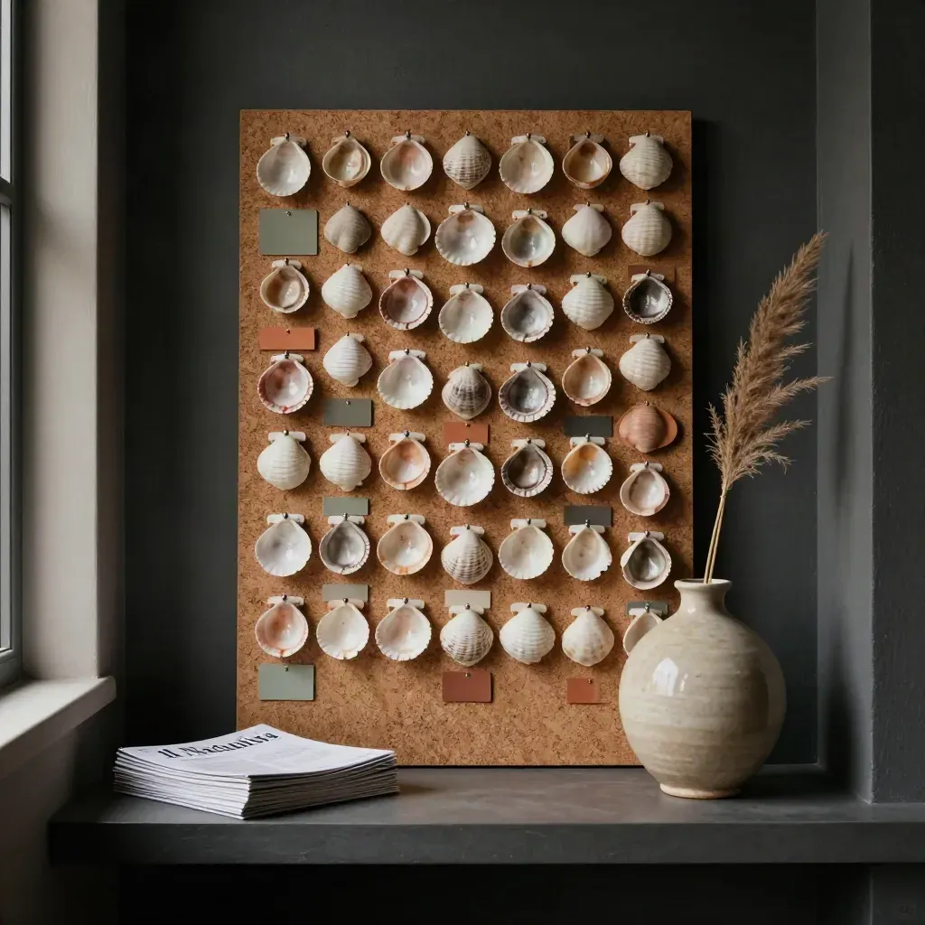 Bacheca eventi con conchiglie, tab colorati e vaso in ceramica su parete scura