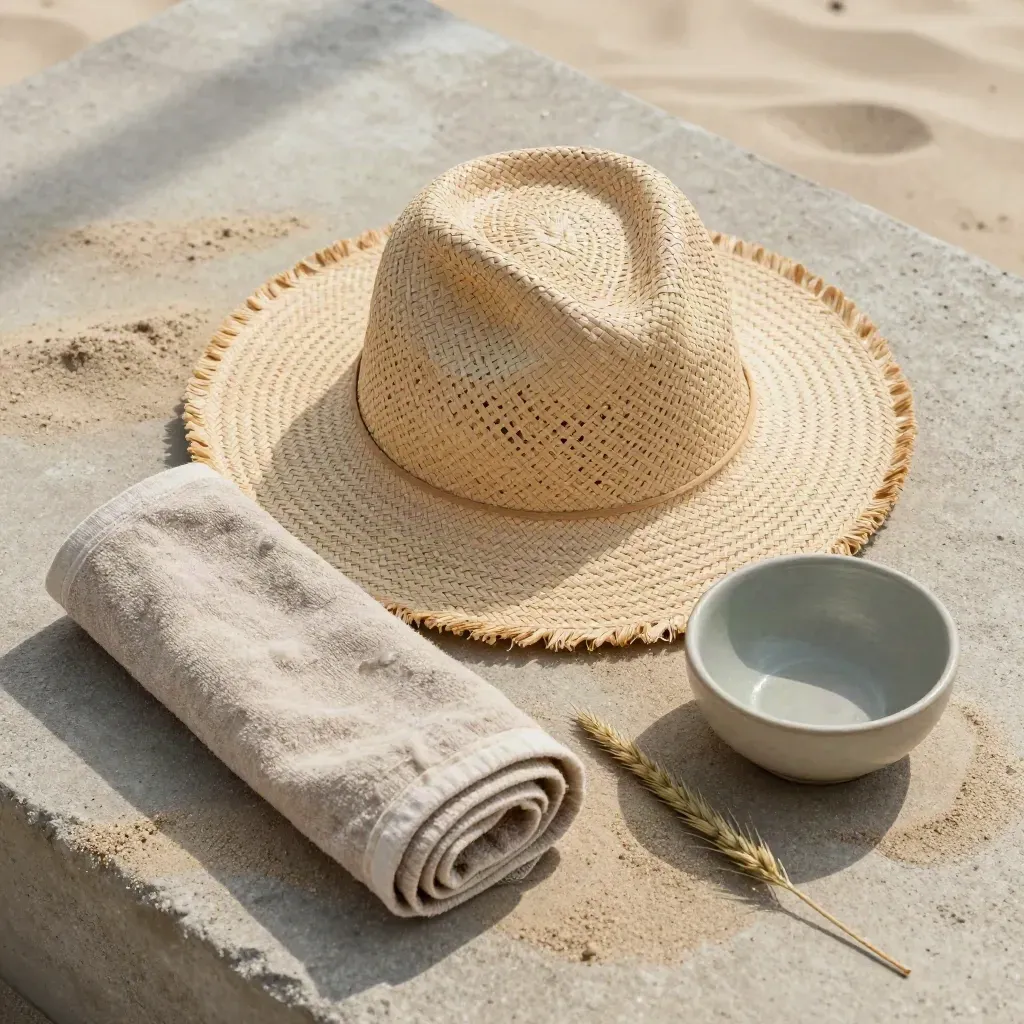 Cappello di paglia, telo di lino arrotolato, ciotola in ceramica e erba dunale su cemento sabbioso.