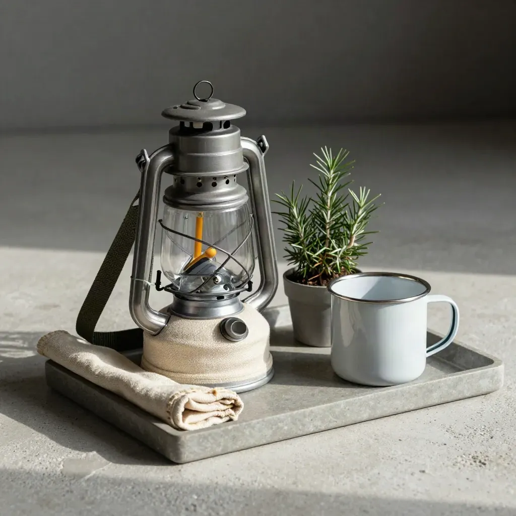 Lanterna da campeggio con tazza smaltata, tracolla piegata e vasetto di rosmarino su vassoio in pietra.